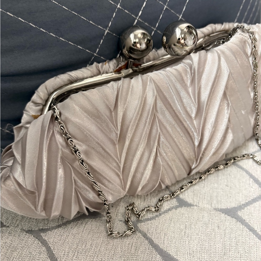 Ruched Satin Evening Clutch in Silver-Gray with Chain